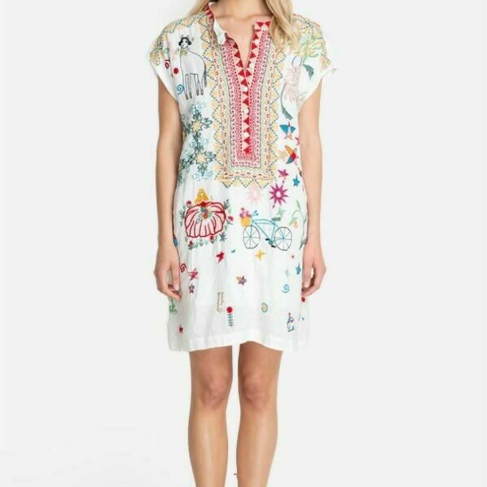 JOHNNY WAS MISHTI WHITE LINEN EMBROIDERED DRESS! EUC! SIZE XL
